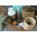 Box of lamps, mainly electric table lamps, an old wall light and an oil lamp. (7) (B.P. 21% + VAT)