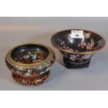 Two Chinese style cloisonne floral and bird decorated censer dishes or bowls, on hardwood stands. (