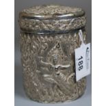 Siam sterling silver repousse decorated lidded box with elephant decoration to the lid. 4.9 troy ozs