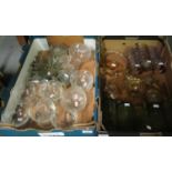 Two boxes of assorted glassware to include: green tinted tumblers, etched glass dessert bowls, a