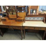 Edwardian mahogany washstand having blue and white thistle design tile back on a marble top with