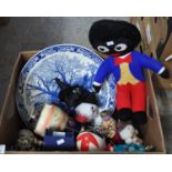 Box of items to include; soft toys, Japanese vase, blue and white charger etc. (B.P. 21% + VAT)