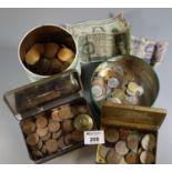 Collection of tin boxes all containing assorted GB and foreign coinage and notes. (B.P. 21% + VAT)