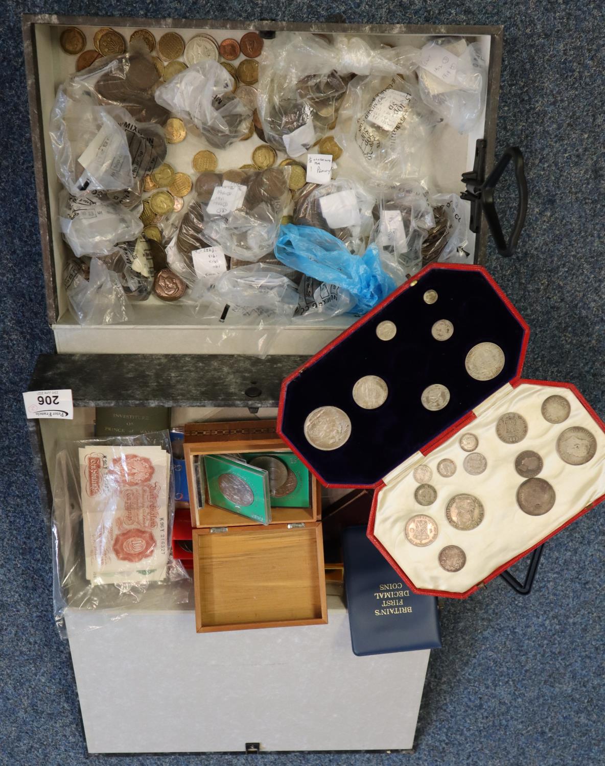 Two box files containing assorted GB and other coinage, bank notes etc. (B.P. 21% + VAT)