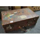 Old, well travelled leather suitcase which belonged to R.J O' Connell RAF, originally from Somerset,