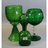 Collection of three green glass items to include; cube shaped decanter and two pedestal bowls, one