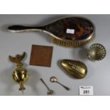 Bag of oddments to include; silver and tortoiseshell ladies vanity brush, brass miner's box 'D.