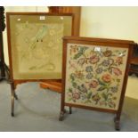 Two early 20th Century glazed firescreens, one with needlework decoration depicting a bird amongst