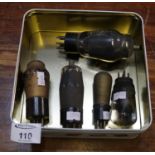 Tin box containing five electronic vintage valves. (B.P. 21% + VAT)