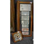 A framed bank note collection, glazed to both sides and to include; Peppiatt white £5 note, four