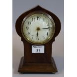 Edwardian mahogany inlaid boudoir type mantel clock, standing on brass bun feet. (B.P. 21% + VAT)
