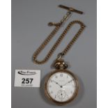 Elgin gold plated American open faced pocket watch with gold plated T bar chain. (B.P. 21% + VAT)
