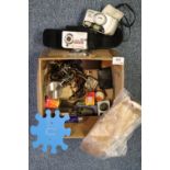 Box of oddments to include; Pentax camera, travelling hip flask, Ronson lighter etc. (B.P. 21% +