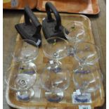 Seven Babycham glasses and two old flat irons. (9) (B.P. 21% + VAT)