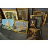 Large collection of assorted furnishing oils and prints to include figures, boats, countryside scene