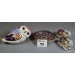 Royal Crown Derby paperweight in the form of an owl with gold stopper, together with a pair of