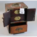 Chinese hardwood miniature table top cabinet with brass recessed handles and fitted drawers. (B.P.