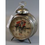 Mid Century Nurnberg German chrome plated alarm clock with compressed bell top, transfer printed