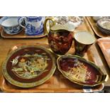 Tray with four Carlton Ware 'Rouge Royale' items: large plate, jug, vase and small serving