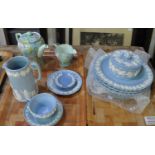 Two trays of largely Wedgwood & Barlaston, Etruria, blue and white embossed, china plates, teacup