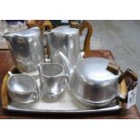 Stylish 1950s aluminium and wooden handled tea and coffee set on a tray - coffee pot, water jug,