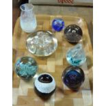 Tray with seven Caithness paperweights and a Caithness vase including: a Helen McDonald 2007 Soda