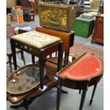 Collection of furniture to include; two serving trays, one with a glass base, Edwardian piano stool,