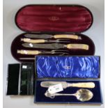 Cased Walker & Hall Sheffield serving spoon and knife set, together with a cased five piece