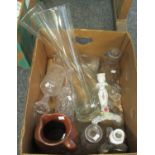 Mixed box of china and glass to include; two large glass cylinder vases, four cut and moulded
