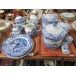 Two trays of blue and white china to include; Spode Italian design items; three lidded canisters,