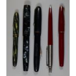 Bag of five vintage pens to include; Parker, Swan 14ct gold nibbed fountain pen etc. (B.P. 21% +