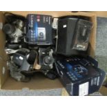 Box of assorted cameras and camera equipment to include; two Lumix digital cameras in original boxes