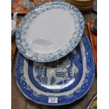 Two large meat plates: one blue and white willow pattern meat plate and one daisy pattern grey/