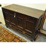 18th Century oak coffer having four fielded panels above two fitted drawers on stile feet. (B.P. 21%