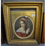 Over painted devotional portrait print of a young woman in a gilt frame. (B.P. 21% + VAT)