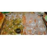 Two trays of glassware to include: six cut glass trifle bowls with stems, a tinted glass jug and