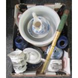 Box of mainly china to include; 'Present from Porthcawl' souvenir ware part teaset, two small blue