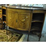 Victorian rosewood inlaid bow front side board missing its top, together with a low Victorian