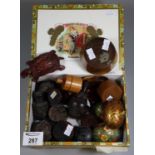 Box of assorted treen and other items; needle boxes, other boxes, carved tortoise, hand painted eggs