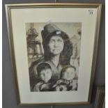 After Andrew Vicari black and white coloured print of a mother with young children at a coal mine,