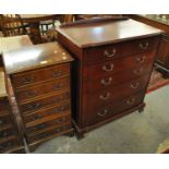 Reproduction mahogany straight front narrow chest of six drawers on bracket feet, together with a
