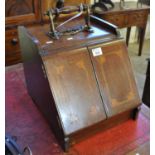 Victorian mahogany inlaid coal scuttle with mechanical door opening, the interior with a metal liner