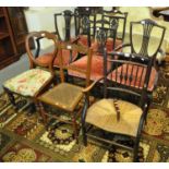 A collection of assorted Edwardian and other chairs, parlour chairs, spindle armchair with rush