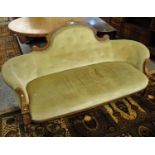 Late Victorian walnut inlaid and upholstered button back show frame sofa. (B.P. 21% + VAT)