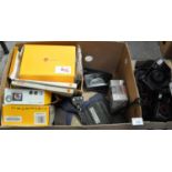 Box of photographic equipment including: a Pentax SPO Espio 135m camera, a Cosina compact 35S