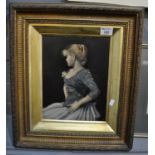19th century oils on artist board of a young girl in a dress with hands on hips. Indistinct