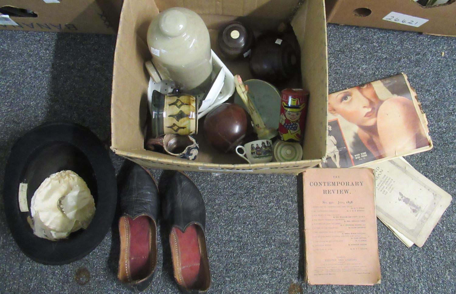 Box of assorted items to include; a vintage felt bowler hat by Lock & Co (size 6 7/8), pair of