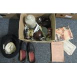 Box of assorted items to include; a vintage felt bowler hat by Lock & Co (size 6 7/8), pair of