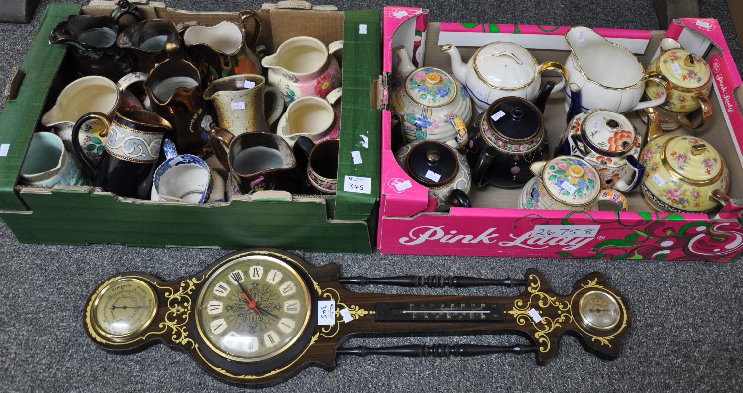 Two boxes, one containing, predominantly, teapots, the other mostly jugs including copper lustre