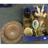 Box of miscellaneous items to include; a blue moulded glass bottle marked Poison, a copper beaten